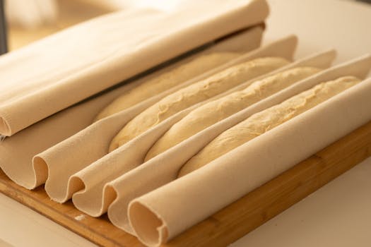 Close-up of artisan bread dough rising in a banneton on a wooden board, ready to bake.